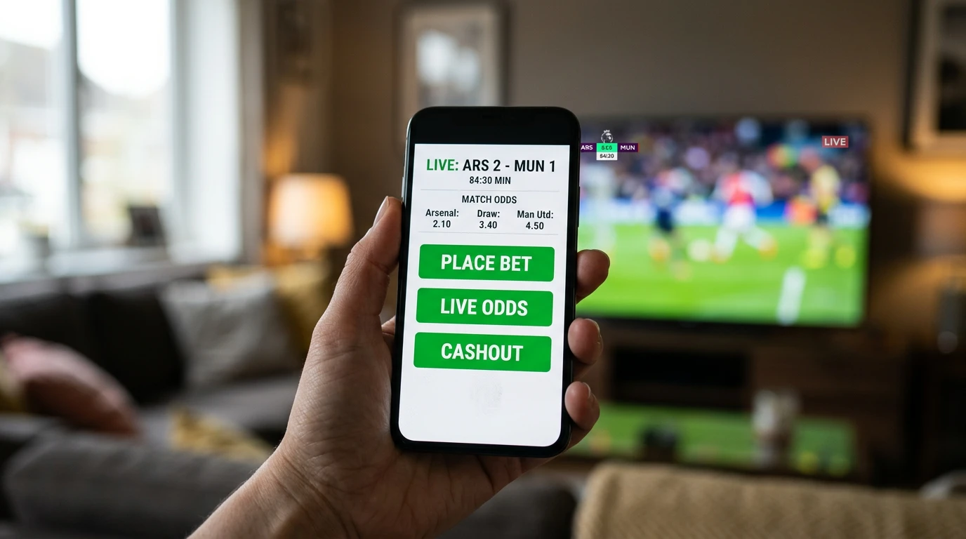 Smartphone med tre cash out-muligheder vist på en bettingkupon