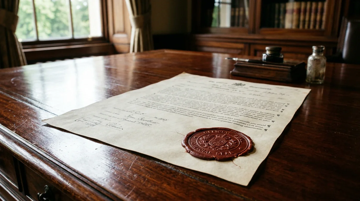 Officielt dokument med segl og paragraftegn på et skrivebord